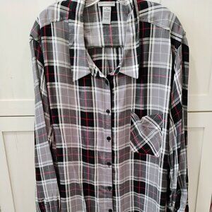 Catherines Black/Gray Plaid Button Shirt Rayon-Adjustable Sleeve-5X-Cabincore